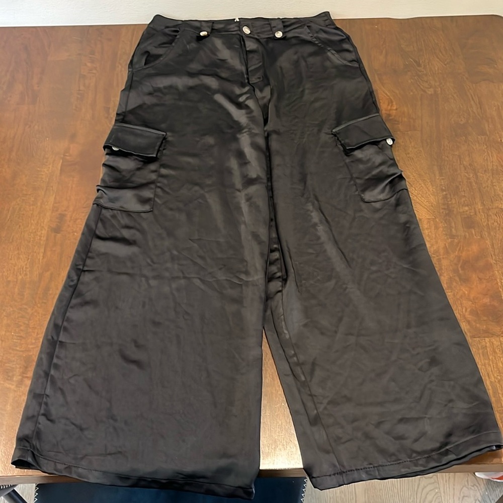 Black Satin feel cargo dress pants